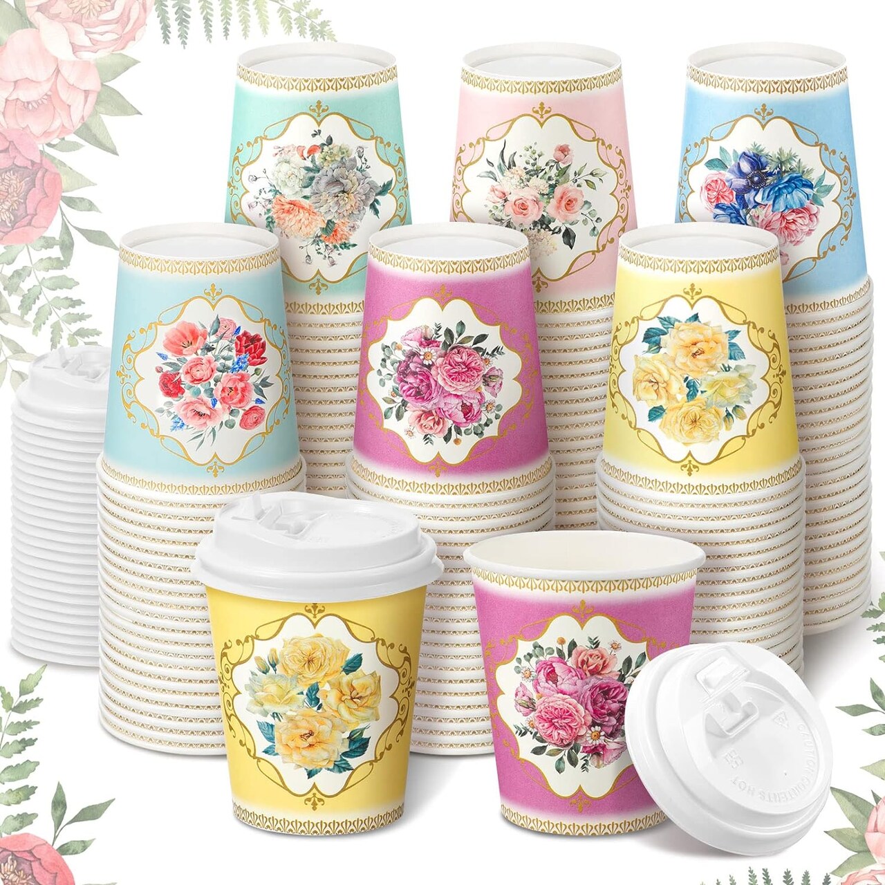 36 Pack 9 oz Spring Floral Paper Cups Vintage Tea Cup Disposable Coffee Mugs with Lids for Women Girls Bridal Shower Wedding Tea Party Decorations Baby Shower
